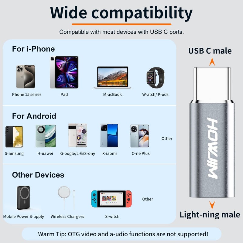 HOWJIM Light-ning to USB C Adapter 2Pack,PD27W/66W QC100W Fast Charging Data Transfer,Type C Charger Converter Cable for Phone 17/16/15 Serie Pad G-alaxy,Not for Headphones/OTG/Flash Drive/A-pple Pencil Gray - Image 4